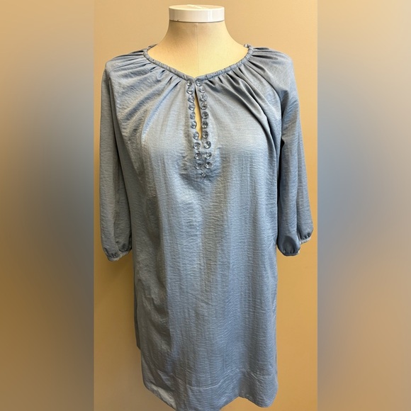Dalia Collection Blue Smocked Silky Satiny 3/4 Sleeve Dress women's size Medium - Picture 3 of 12